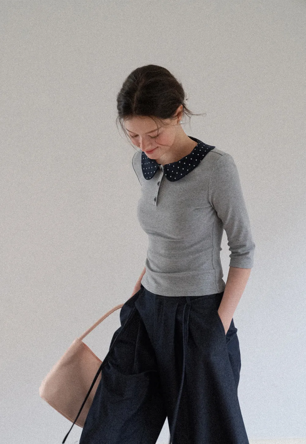Polka Dot Peter Pan Collar Three Quarter Sleeve T Shirt