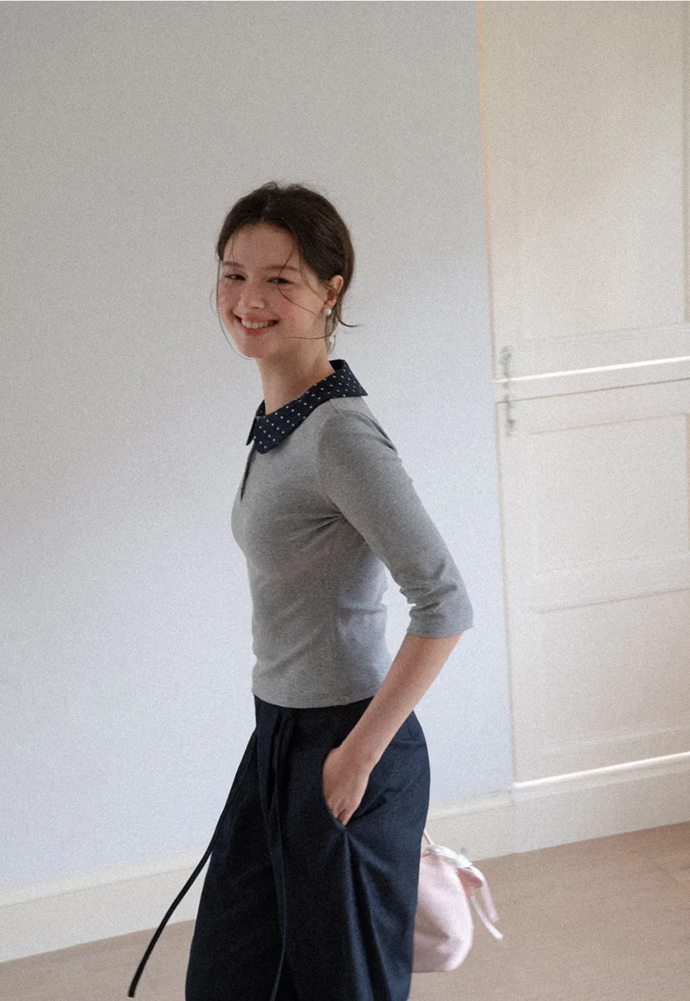 Polka Dot Peter Pan Collar Three Quarter Sleeve T Shirt