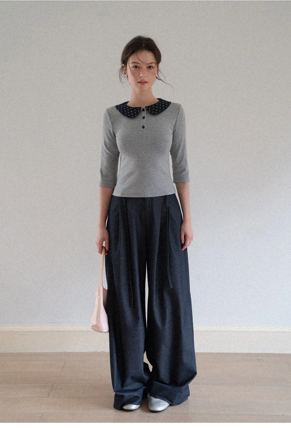 Polka Dot Peter Pan Collar Three Quarter Sleeve T Shirt