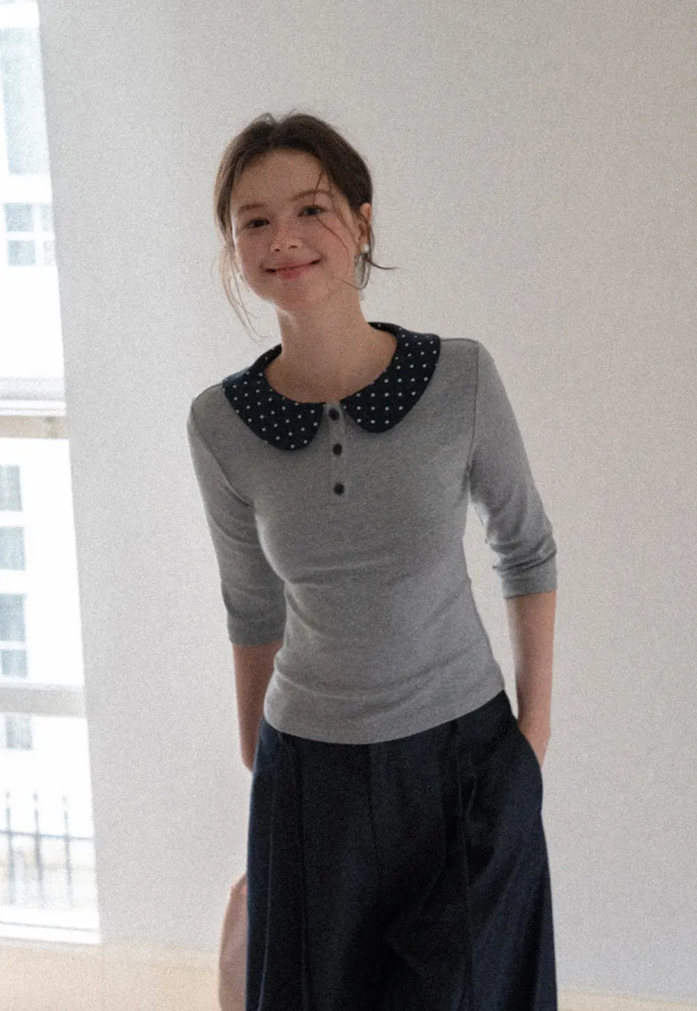 Polka Dot Peter Pan Collar Three Quarter Sleeve T Shirt