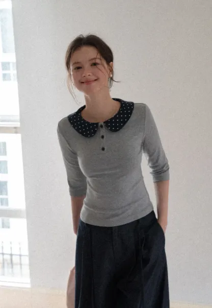Polka Dot Peter Pan Collar Three Quarter Sleeve T Shirt