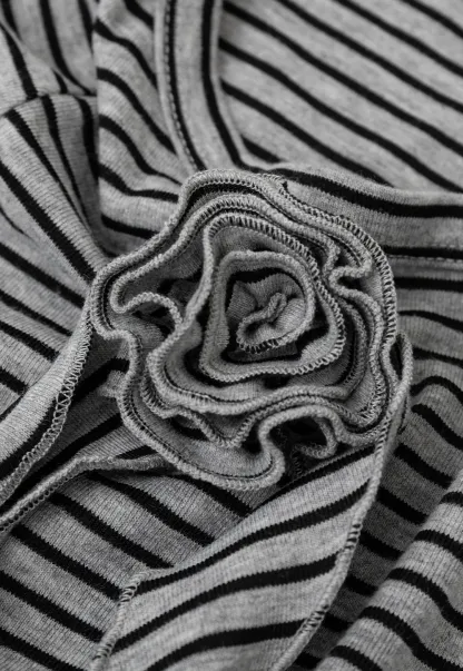 Striped Ribbed Knit Top with Floral Tie Detail