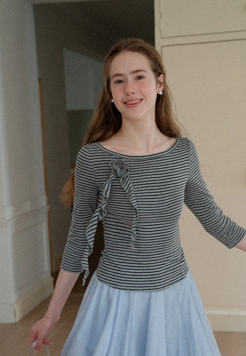 Striped Ribbed Knit Top with Floral Tie Detail