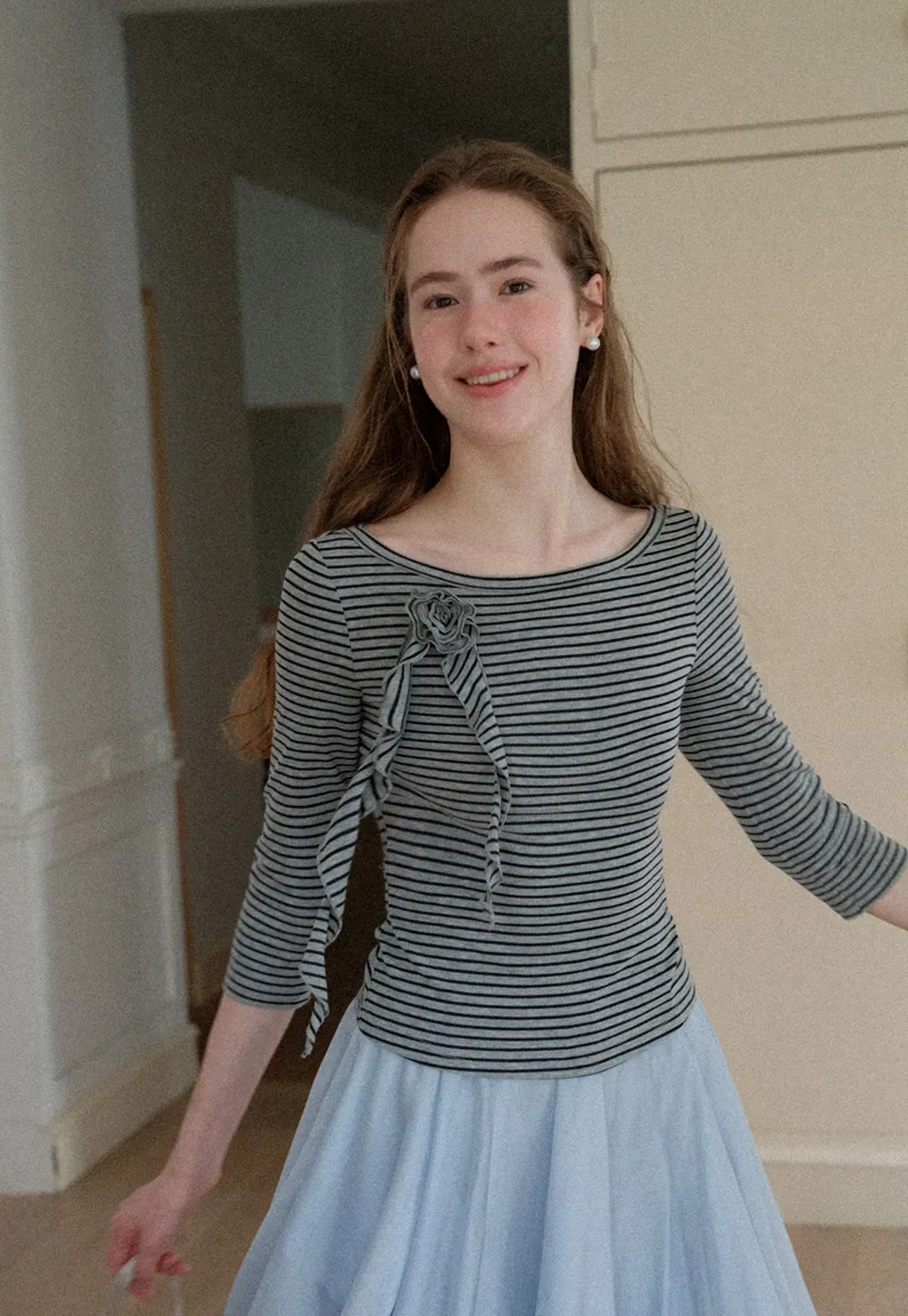 Striped Ribbed Knit Top with Floral Tie Detail