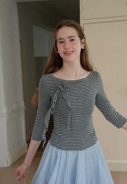 Striped Ribbed Knit Top with Floral Tie Detail