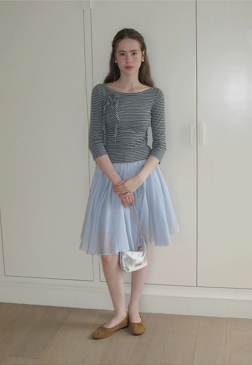 Striped Ribbed Knit Top with Floral Tie Detail