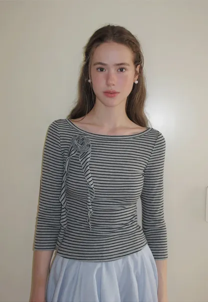 Striped Ribbed Knit Top with Floral Tie Detail