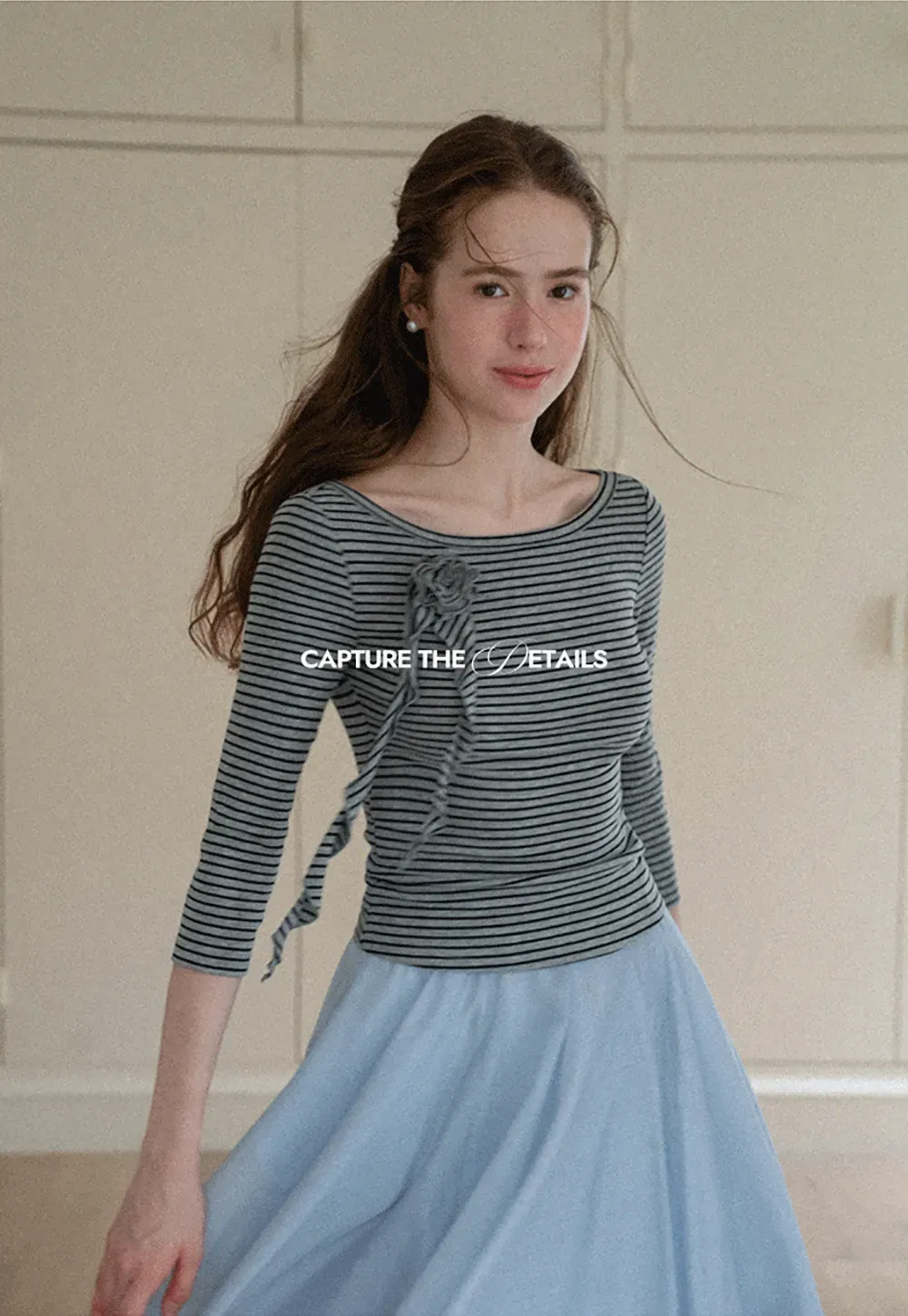 Striped Ribbed Knit Top with Floral Tie Detail