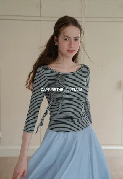 Striped Ribbed Knit Top with Floral Tie Detail