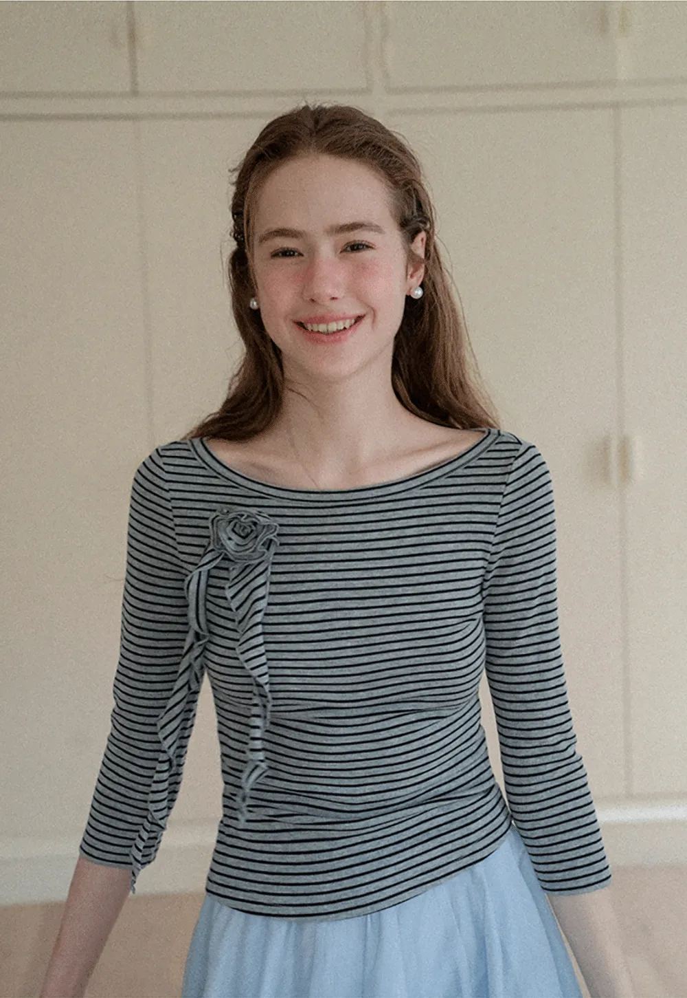 Striped Ribbed Knit Top with Floral Tie Detail