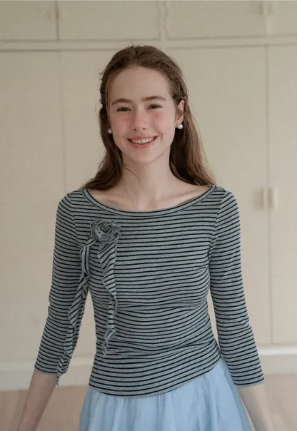 Striped Ribbed Knit Top with Floral Tie Detail
