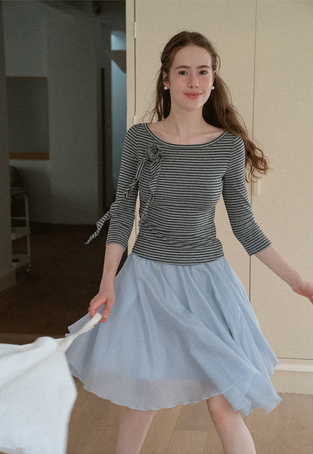 Striped Ribbed Knit Top with Floral Tie Detail