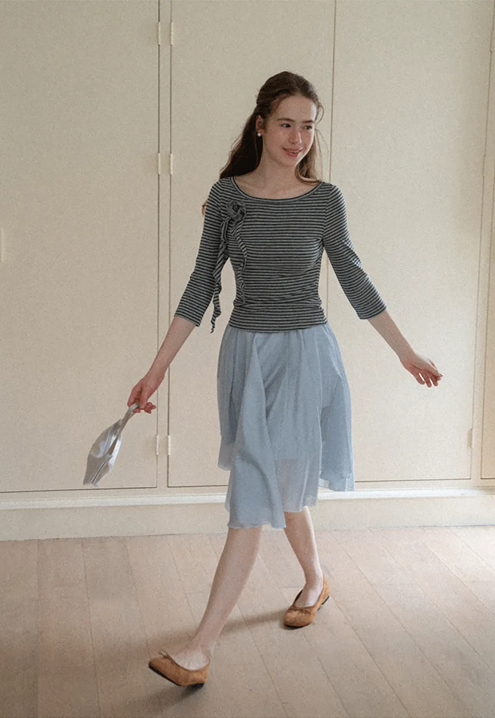 Striped Ribbed Knit Top with Floral Tie Detail