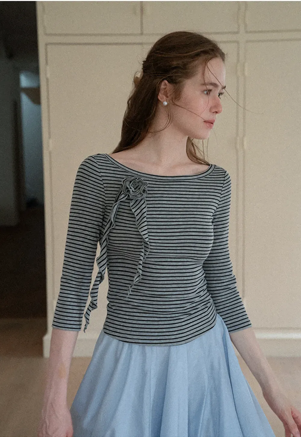 Striped Ribbed Knit Top with Floral Tie Detail