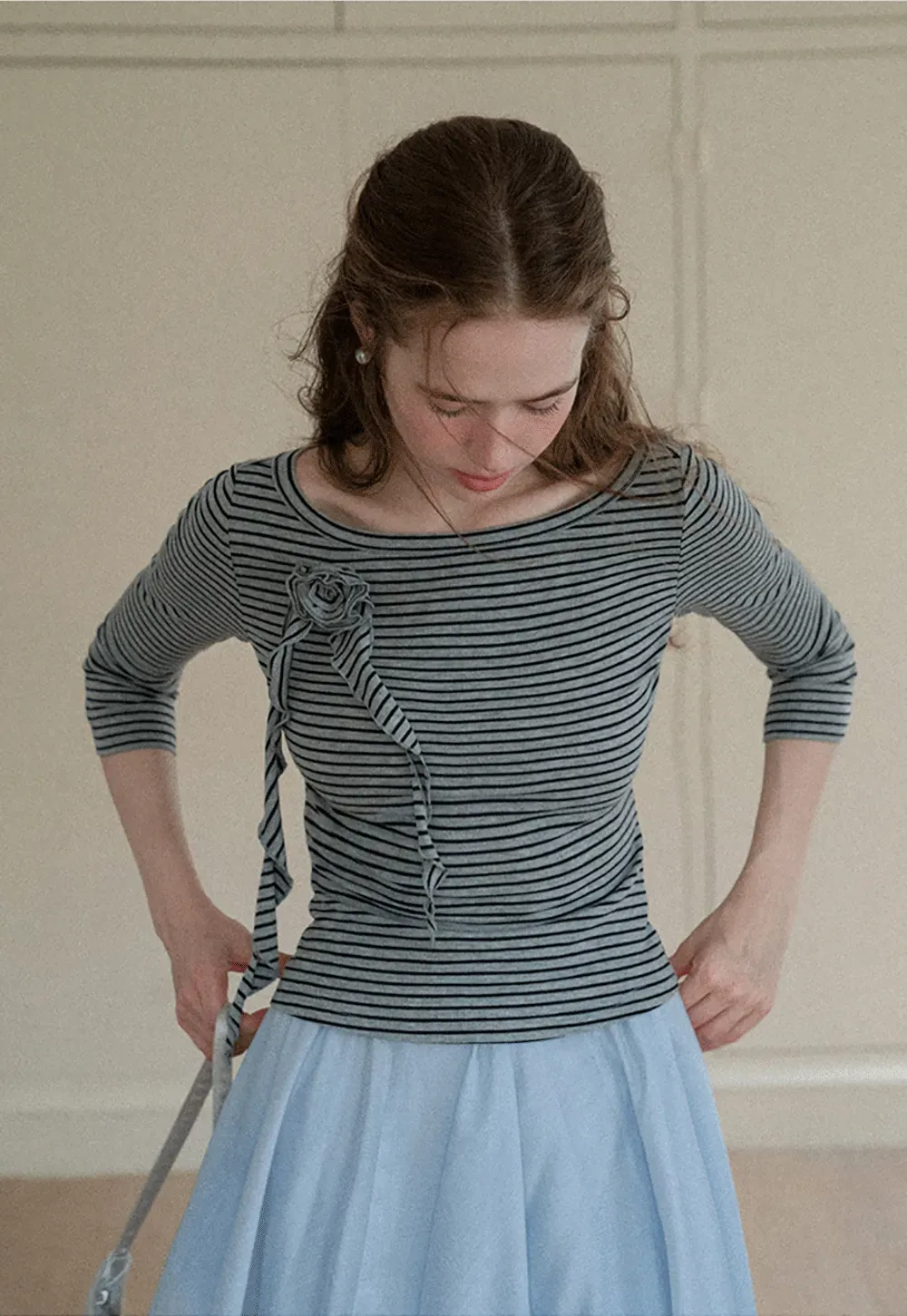 Striped Ribbed Knit Top with Floral Tie Detail