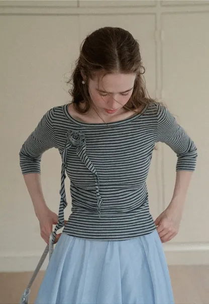 Striped Ribbed Knit Top with Floral Tie Detail