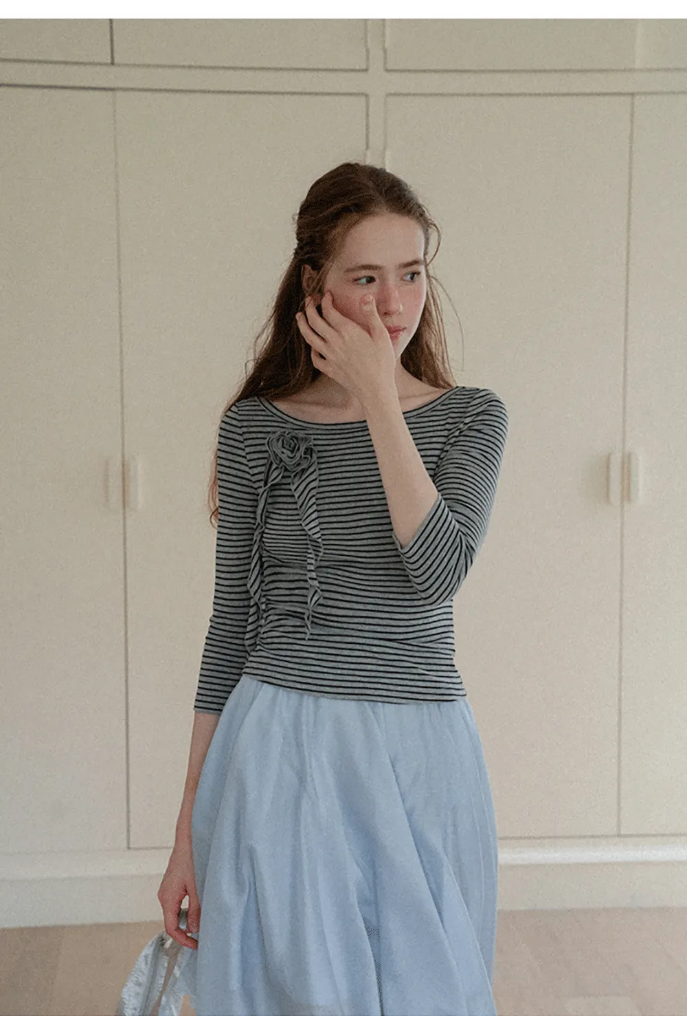Striped Ribbed Knit Top with Floral Tie Detail