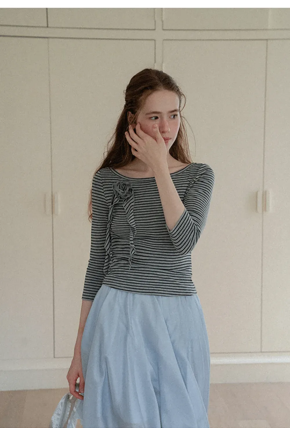 Striped Ribbed Knit Top with Floral Tie Detail