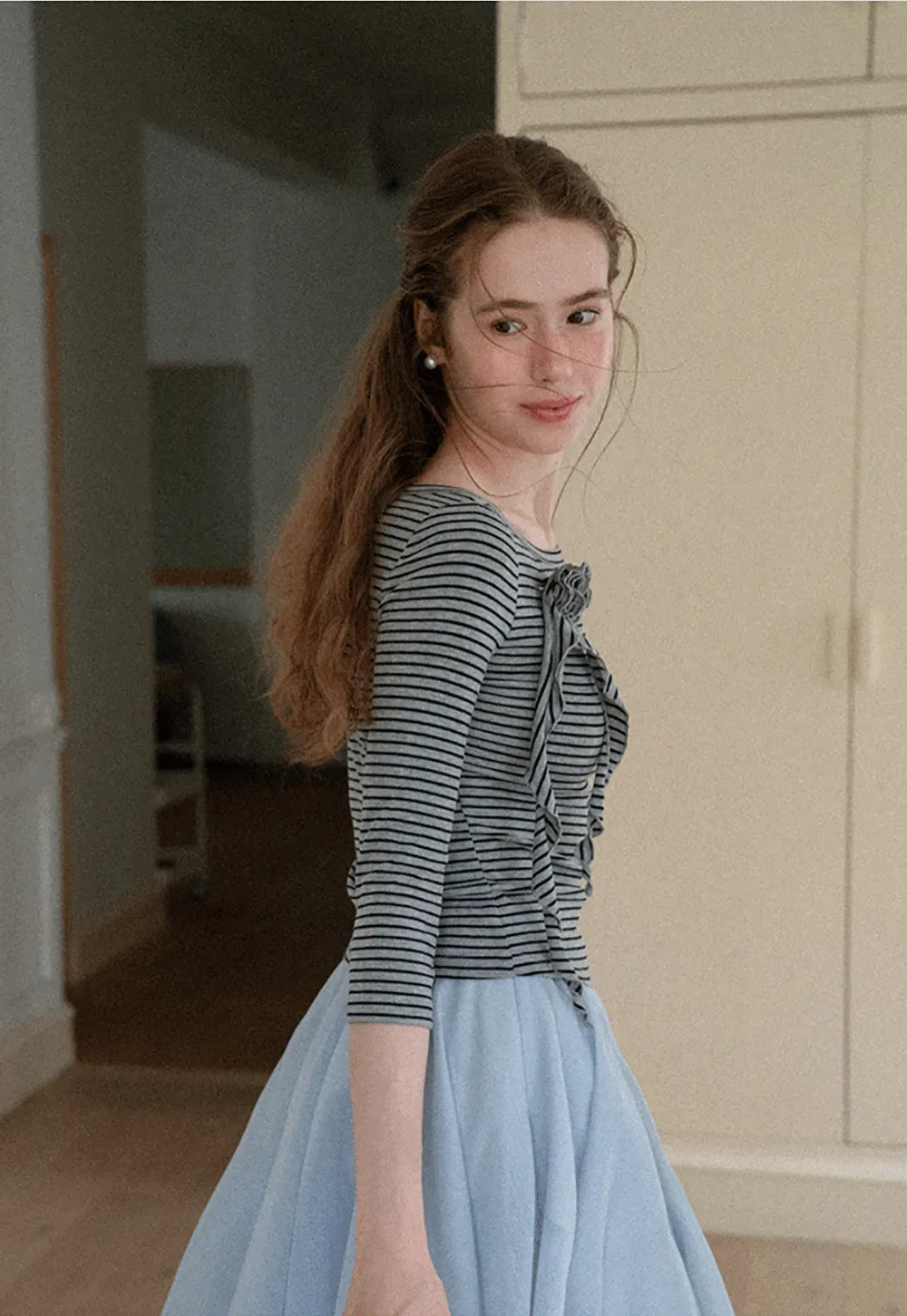 Striped Ribbed Knit Top with Floral Tie Detail