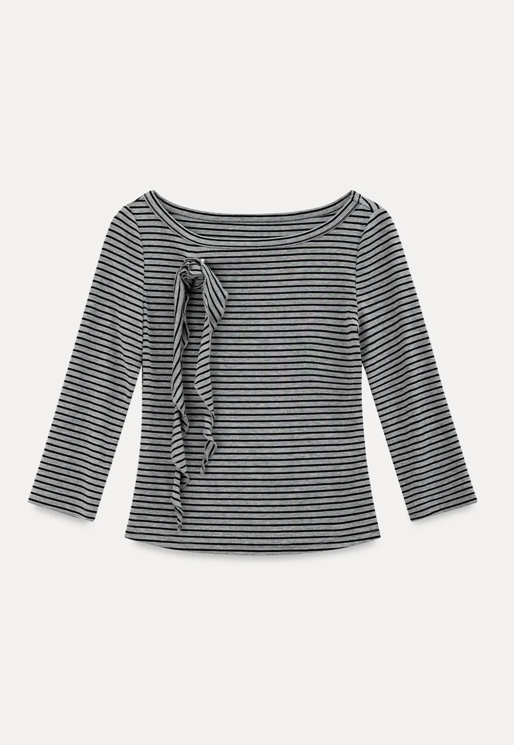 Striped Ribbed Knit Top with Floral Tie Detail