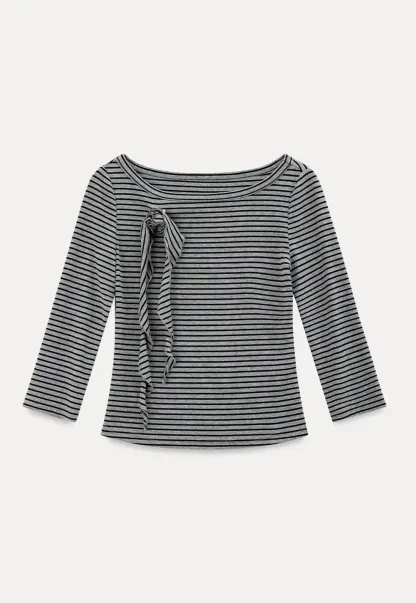 Striped Ribbed Knit Top with Floral Tie Detail