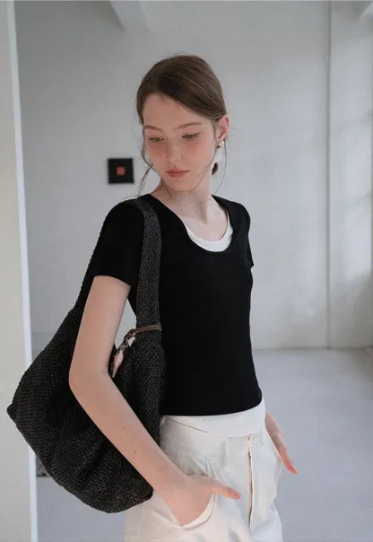 Cropped Layered Neck Short Sleeve Tshirt