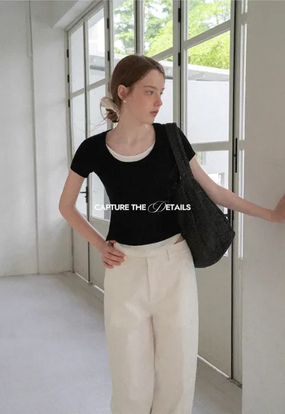 Cropped Layered Neck Short Sleeve Tshirt