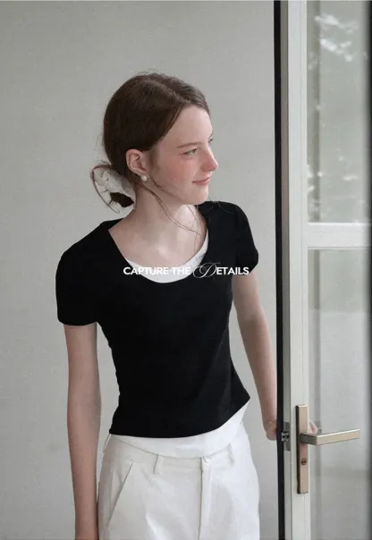 Cropped Layered Neck Short Sleeve Tshirt