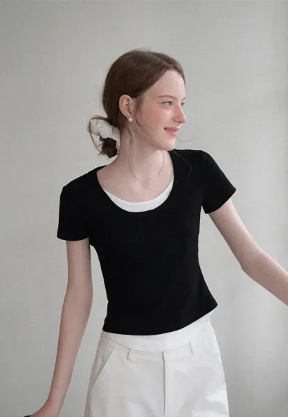 Cropped Layered Neck Short Sleeve Tshirt