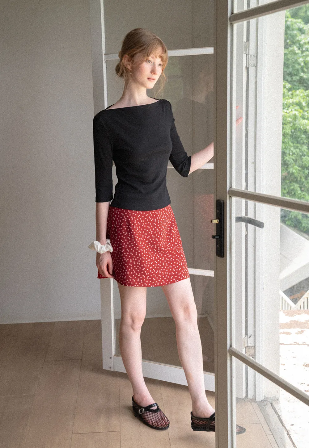 Boat Neck Three Quarter Sleeve Ribbed Knit Tshirt