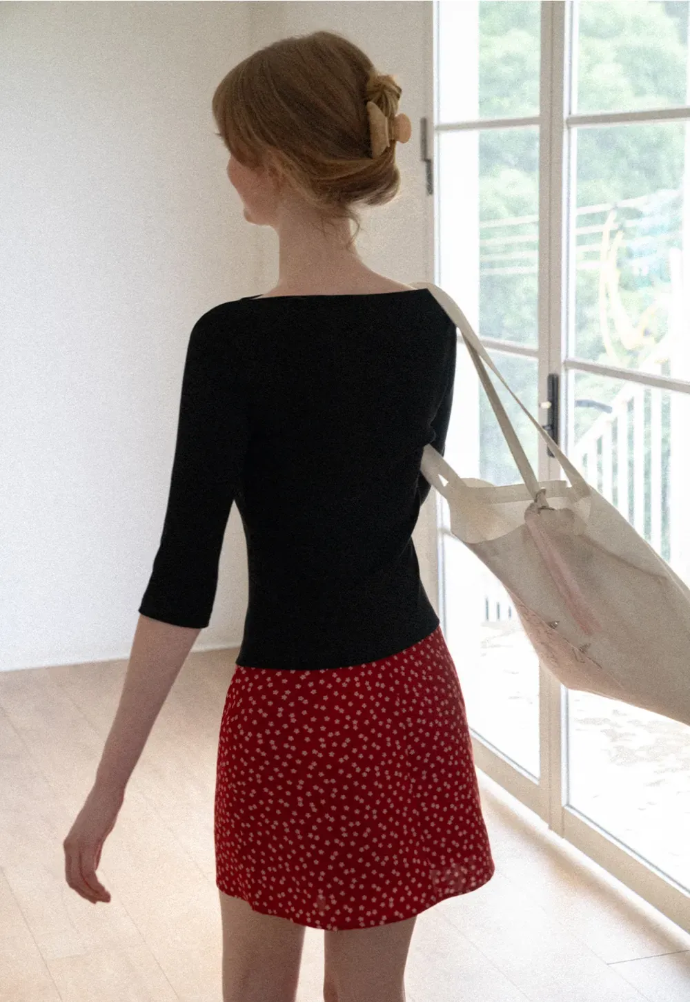 Boat Neck Three Quarter Sleeve Ribbed Knit Tshirt