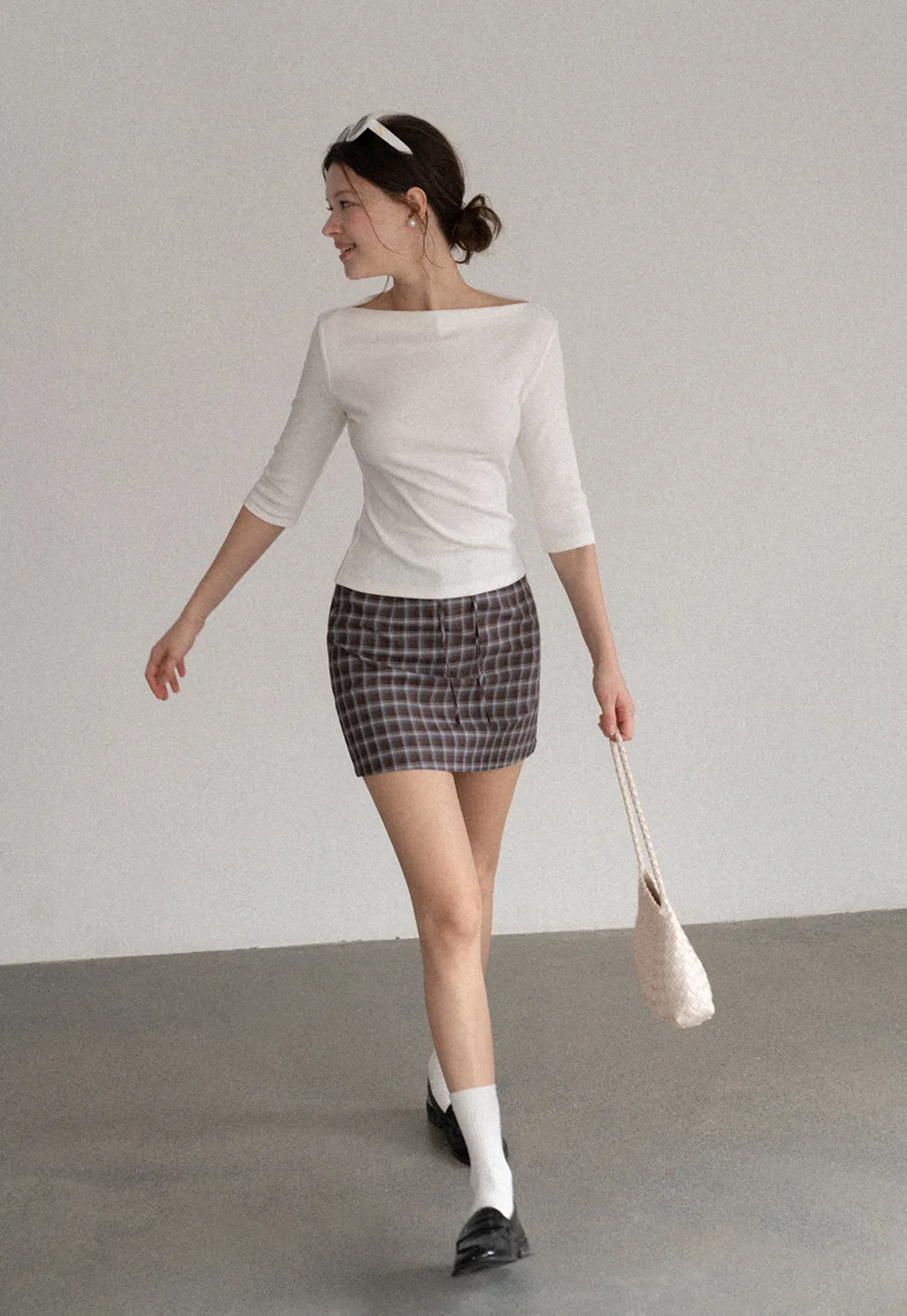Boat Neck Three Quarter Sleeve Ribbed Knit Tshirt