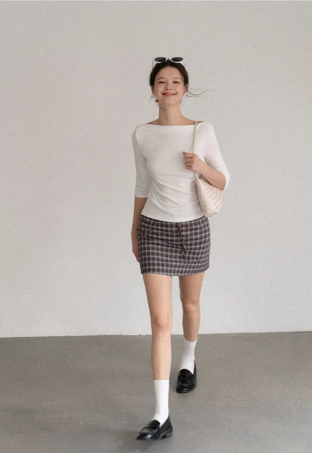 Boat Neck Three Quarter Sleeve Ribbed Knit Tshirt