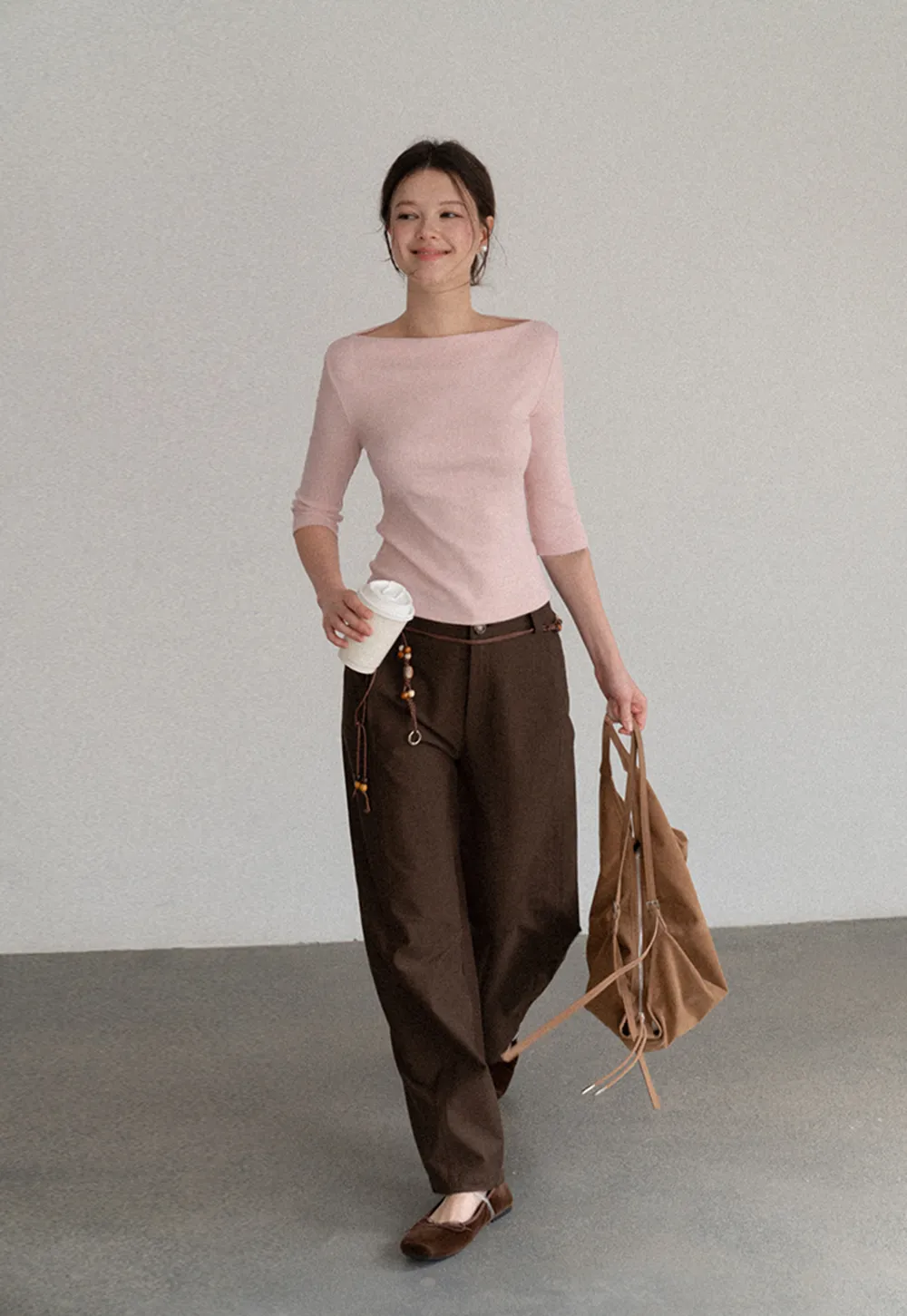 Boat Neck Three Quarter Sleeve Ribbed Knit Tshirt