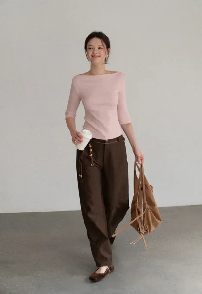 Boat Neck Three Quarter Sleeve Ribbed Knit Tshirt