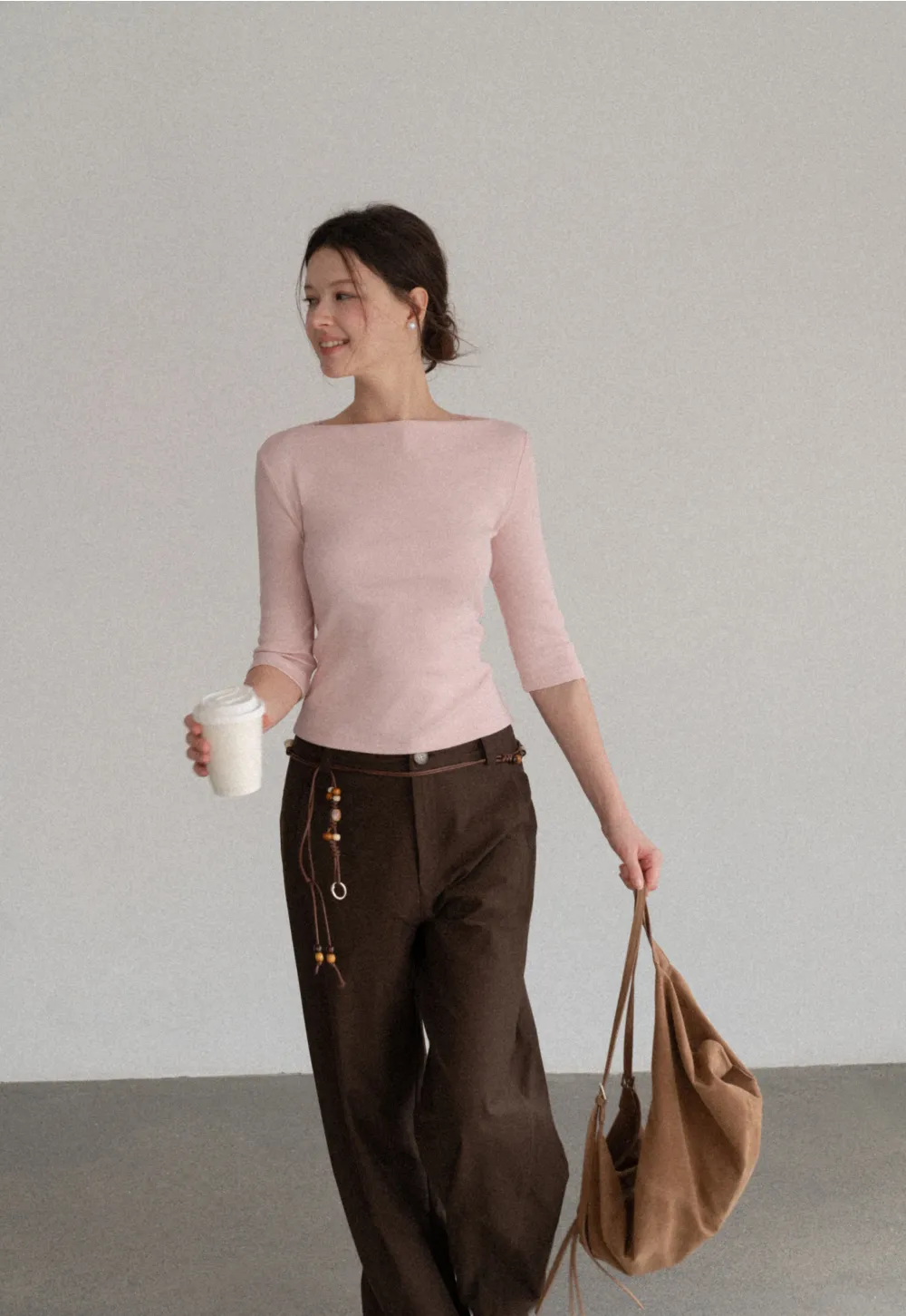 Boat Neck Three Quarter Sleeve Ribbed Knit Tshirt