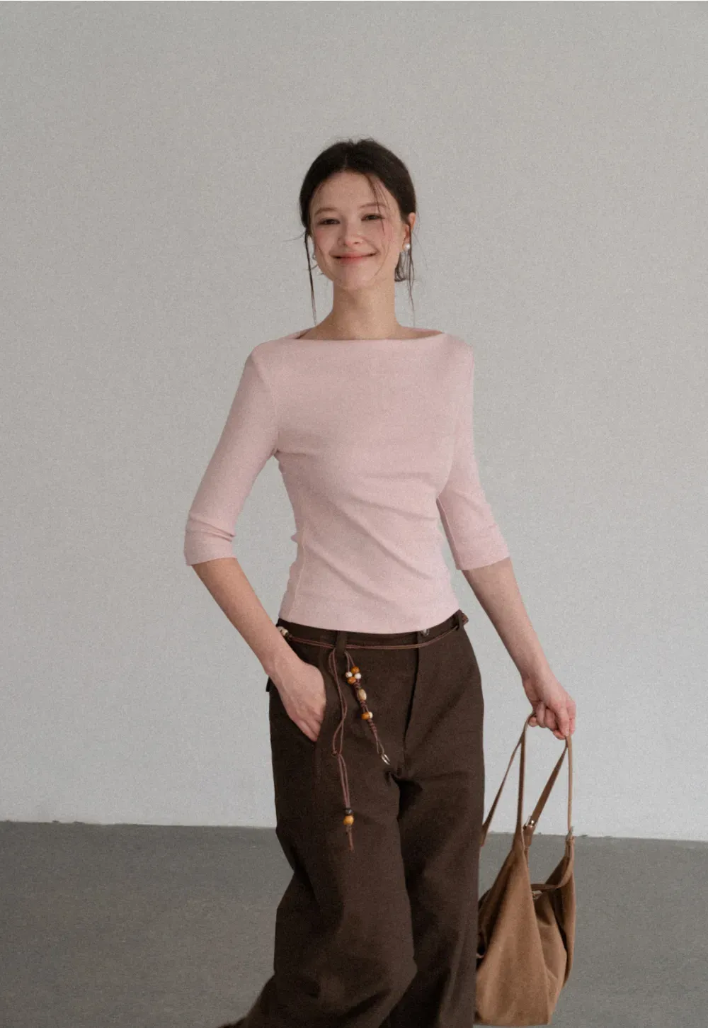 Boat Neck Three Quarter Sleeve Ribbed Knit Tshirt