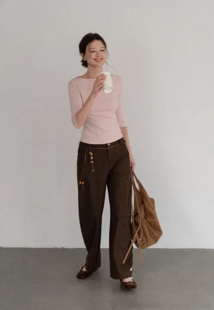Boat Neck Three Quarter Sleeve Ribbed Knit Tshirt