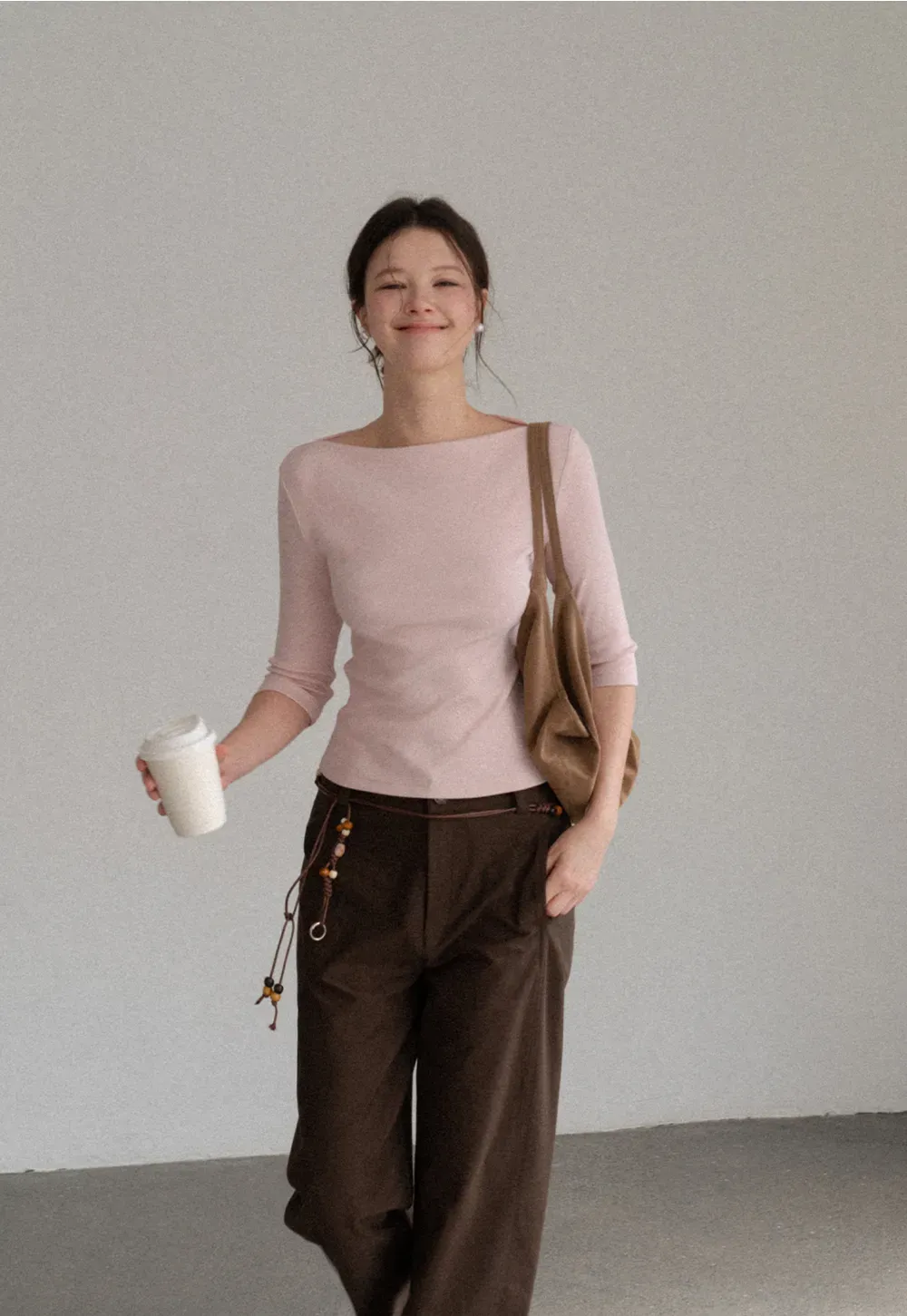 Boat Neck Three Quarter Sleeve Ribbed Knit Tshirt