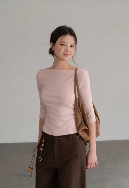 Boat Neck Three Quarter Sleeve Ribbed Knit Tshirt