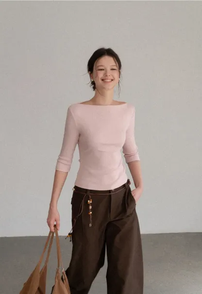 Boat Neck Three Quarter Sleeve Ribbed Knit Tshirt