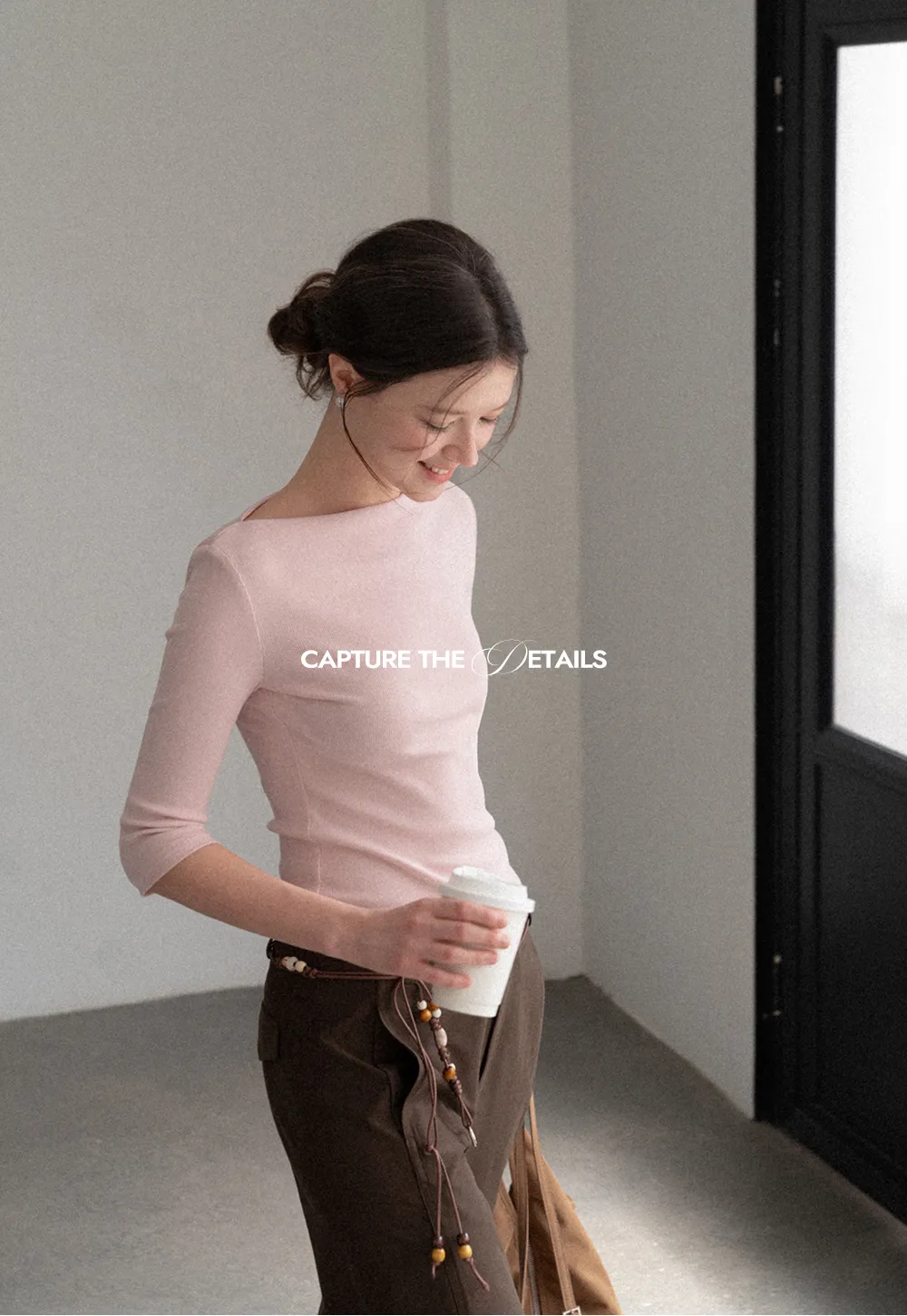 Boat Neck Three Quarter Sleeve Ribbed Knit Tshirt