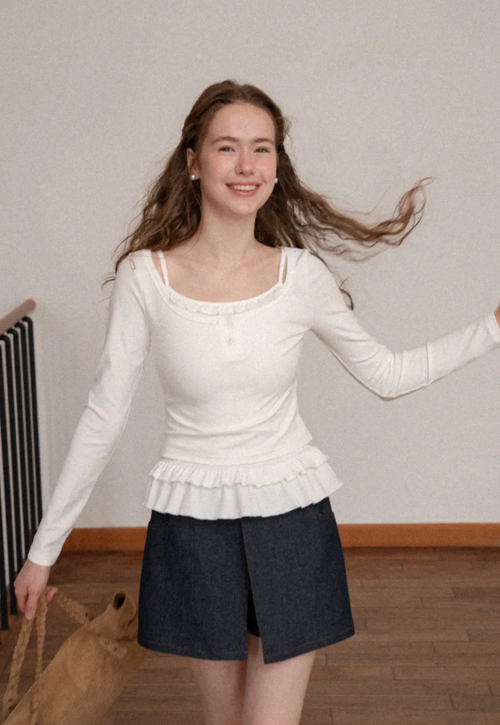 Ruffled Hem Long Sleeve Top and Denim Skirt