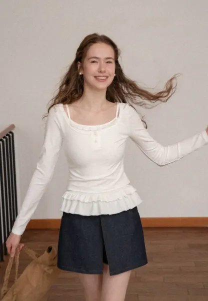 Ruffled Hem Long Sleeve Top and Denim Skirt