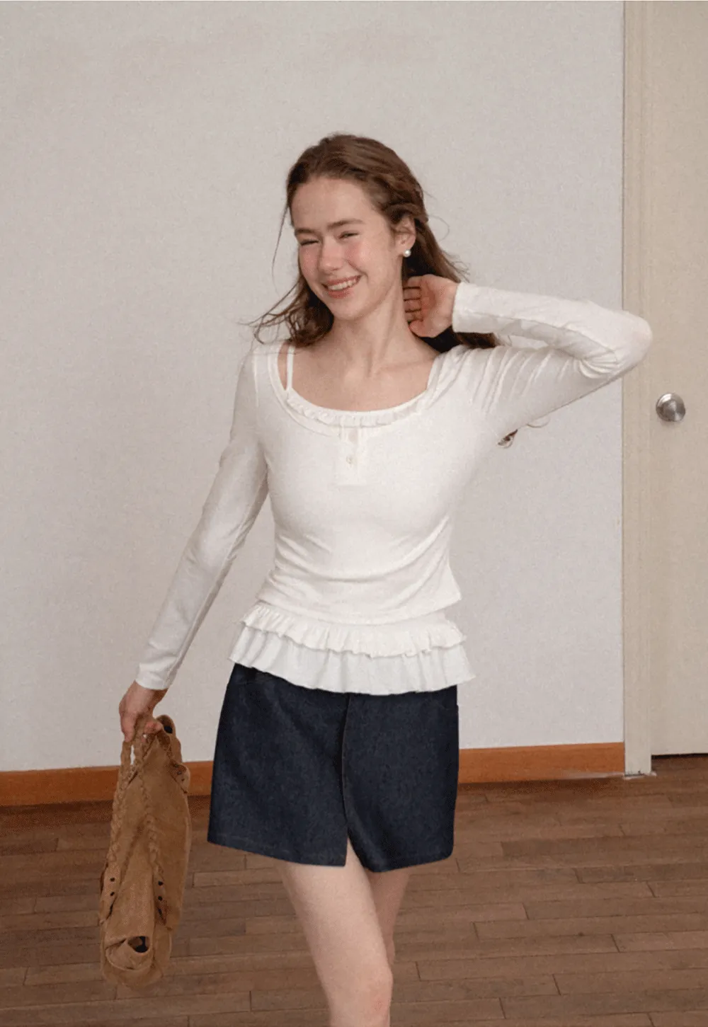 Ruffled Hem Long Sleeve Top and Denim Skirt