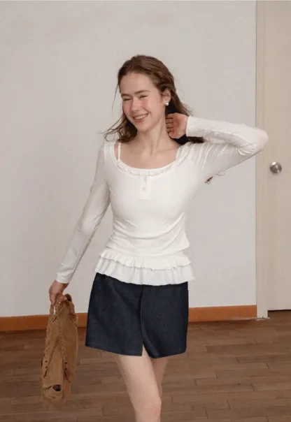 Ruffled Hem Long Sleeve Top and Denim Skirt