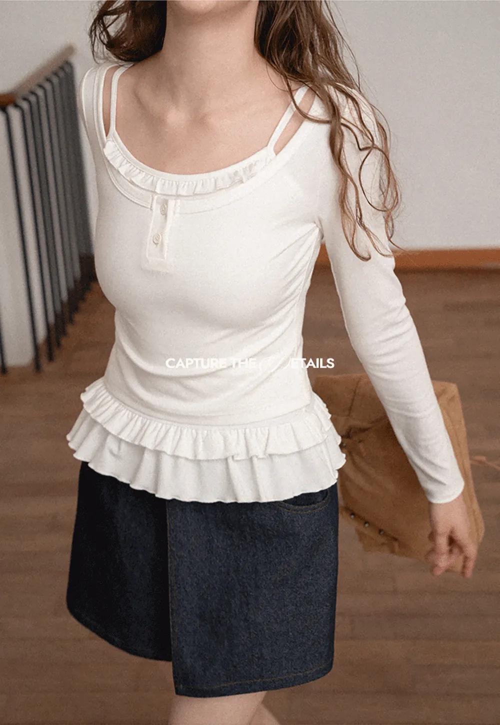 Ruffled Hem Long Sleeve Top and Denim Skirt