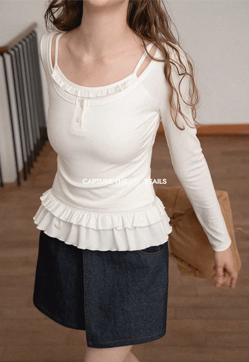 Ruffled Hem Long Sleeve Top and Denim Skirt