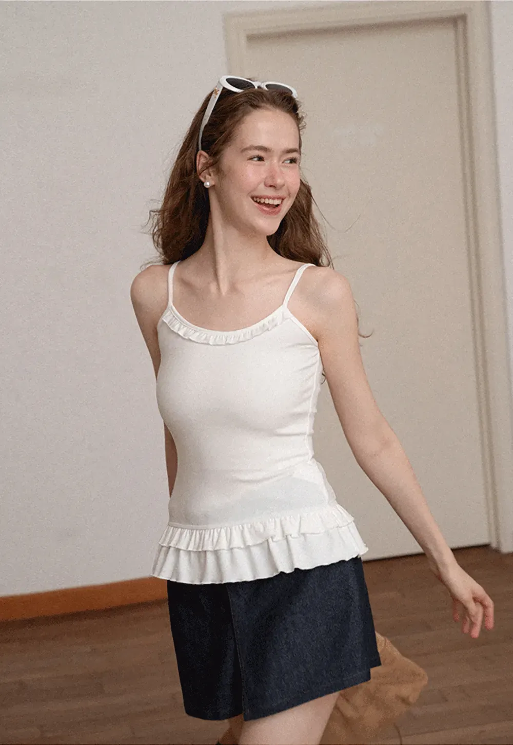 Ruffled Hem Long Sleeve Top and Denim Skirt