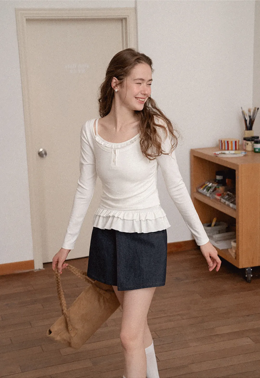 Ruffled Hem Long Sleeve Top and Denim Skirt